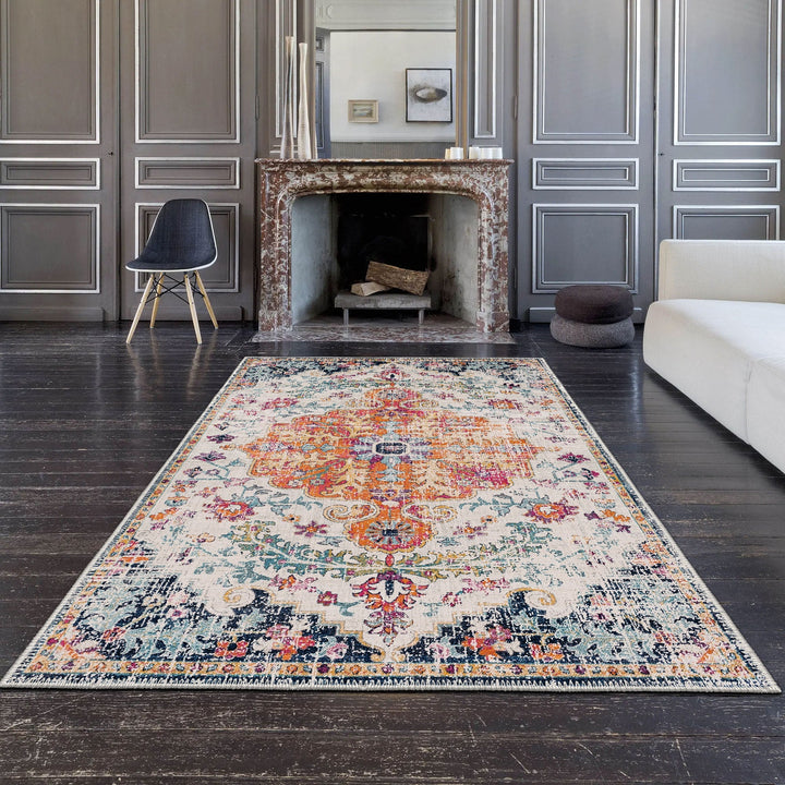 Traditional Rust And Blue Machine Washable Cotton Area Rug - The Rug Decor