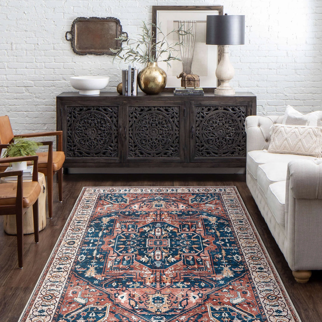 Traditional Rust And Blue Machine Washable Cotton Area Rug - The Rug Decor