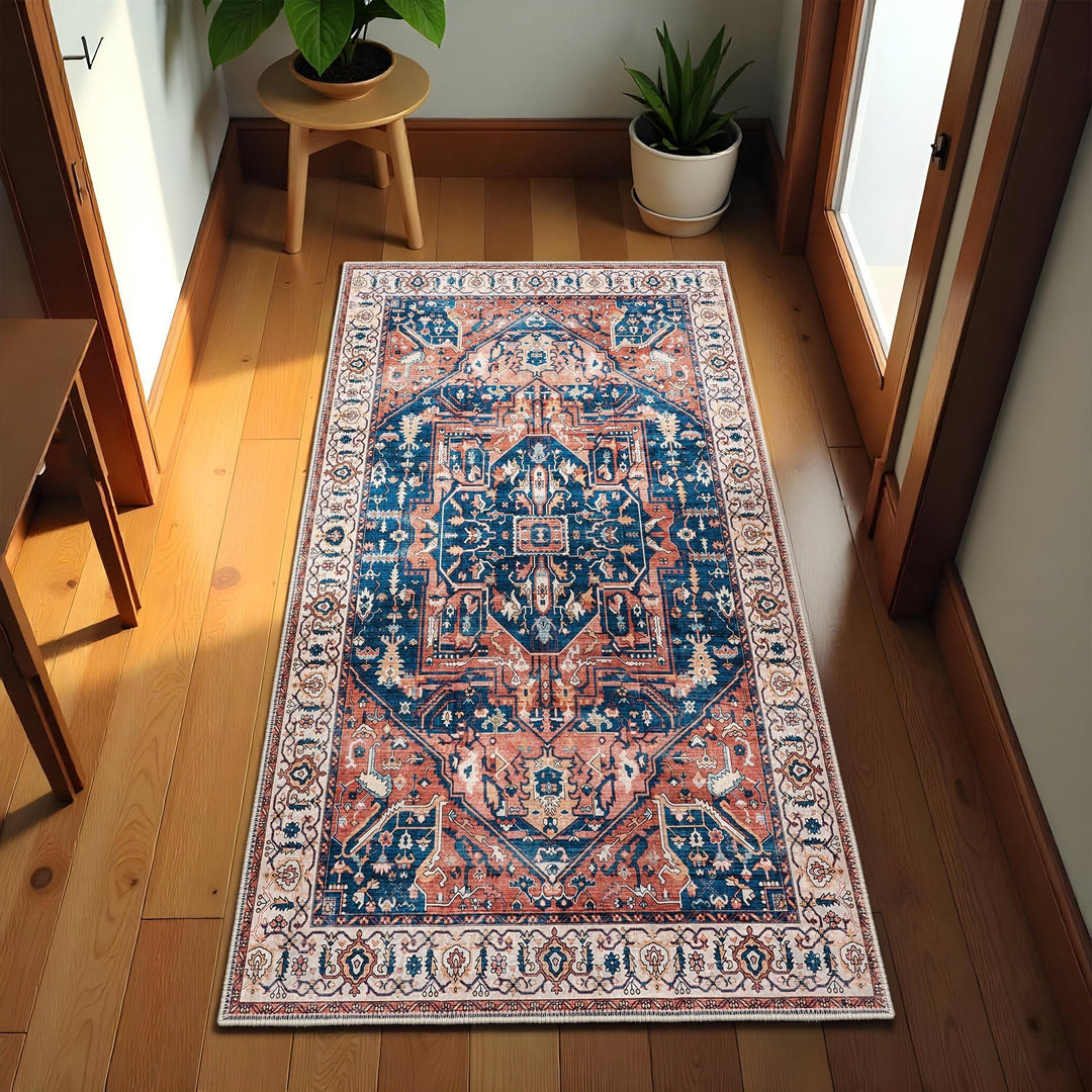 Traditional Rust And Blue Machine Washable Cotton Area Rug - The Rug Decor