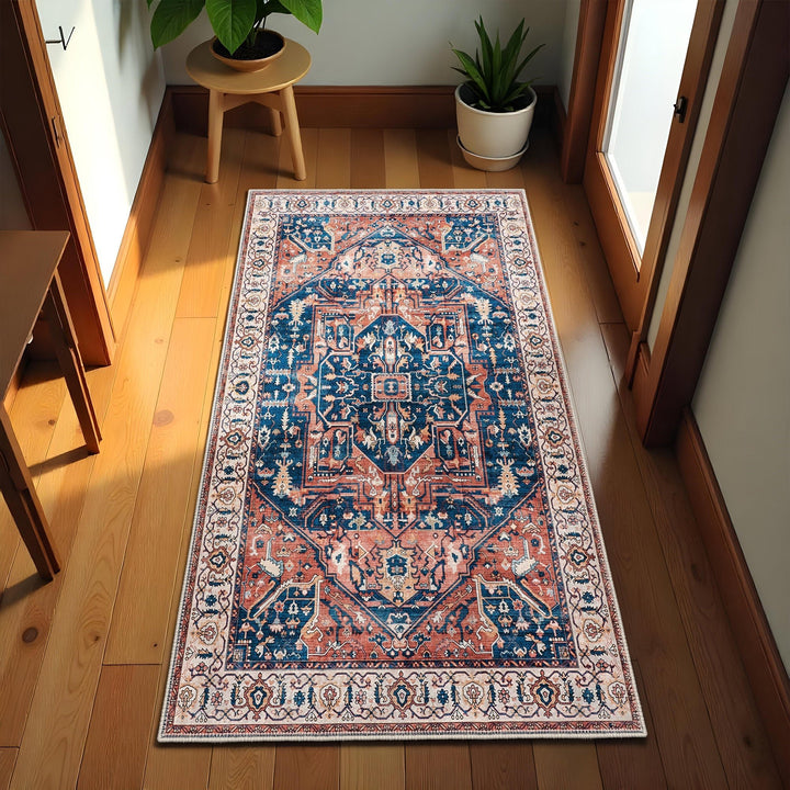 Traditional Rust And Blue Machine Washable Cotton Area Rug - The Rug Decor