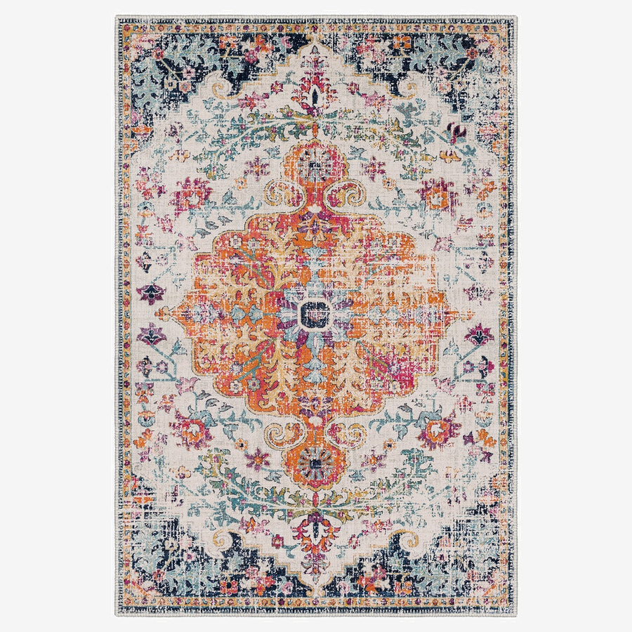 Traditional Rust And Blue Machine Washable Cotton Area Rug - The Rug Decor