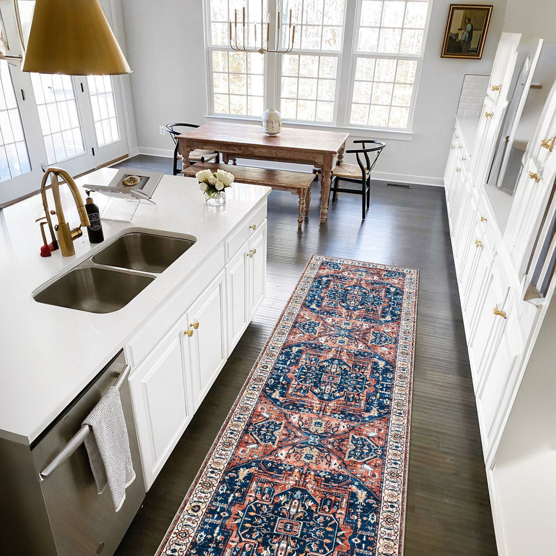 Traditional Rust And Blue Machine Washable Cotton Area Rug - The Rug Decor