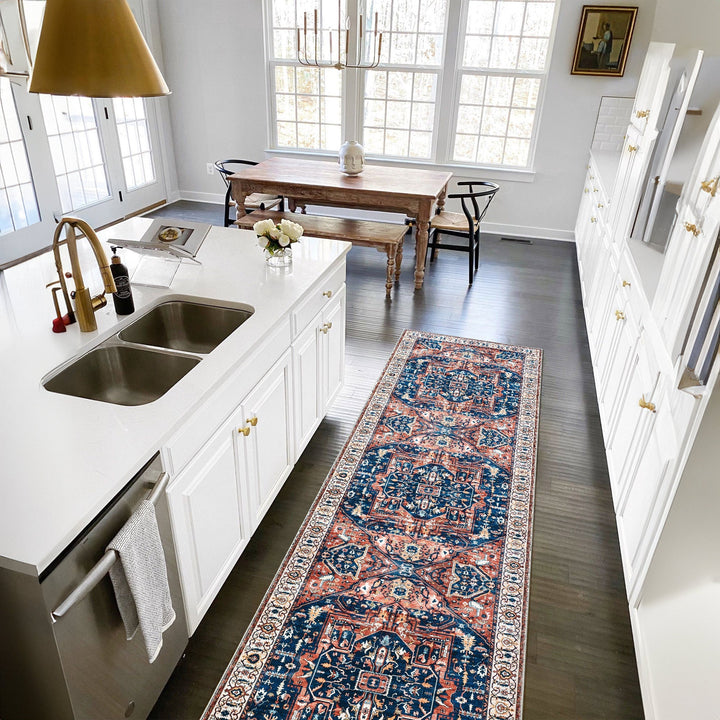 Traditional Rust And Blue Machine Washable Cotton Area Rug - The Rug Decor