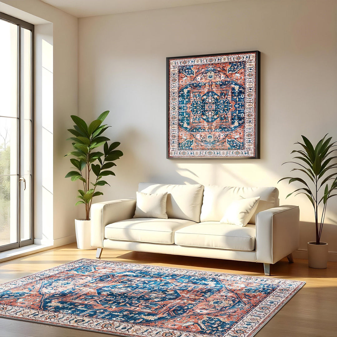 Traditional Rust And Blue Machine Washable Cotton Area Rug - The Rug Decor