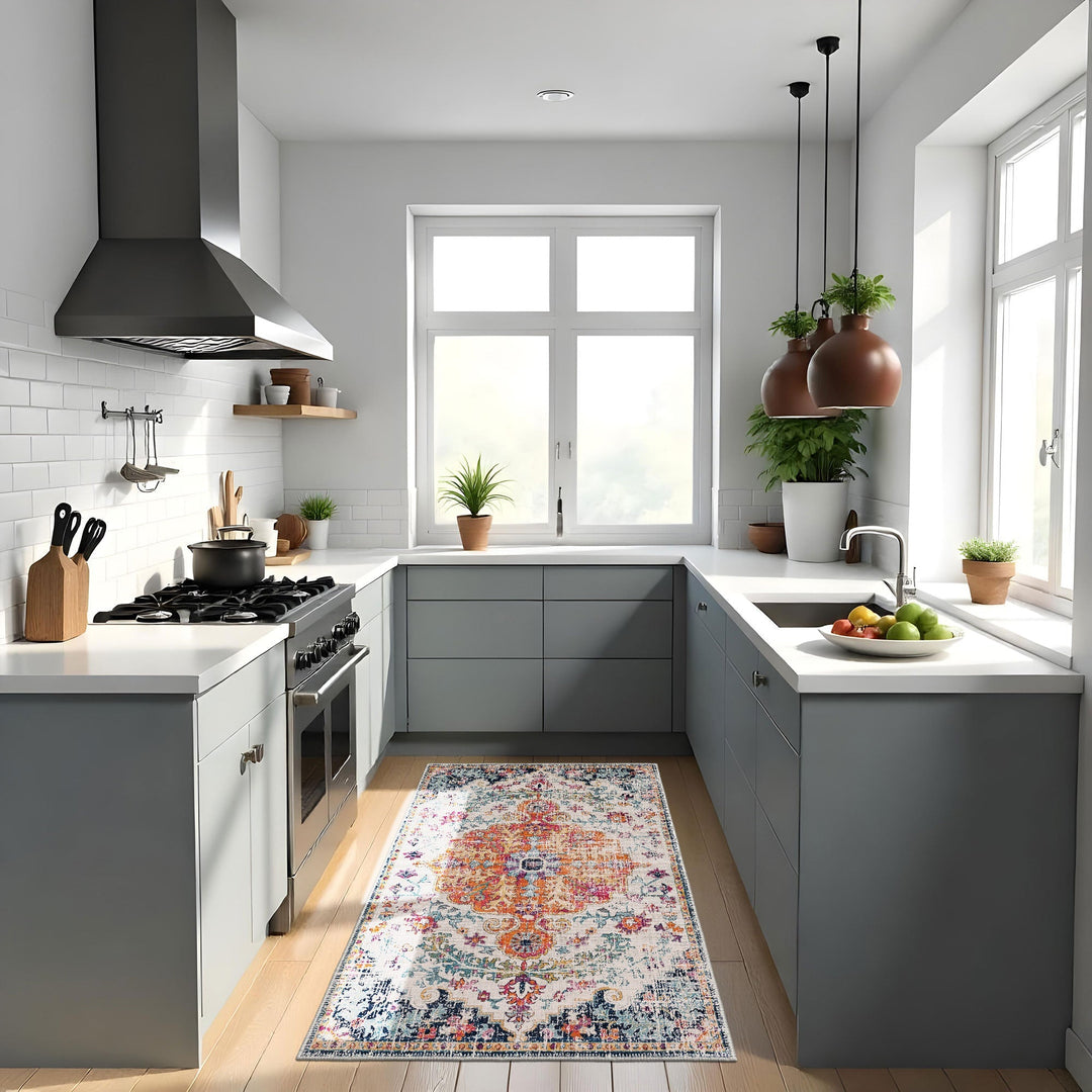Traditional Rust And Blue Machine Washable Cotton Area Rug - The Rug Decor