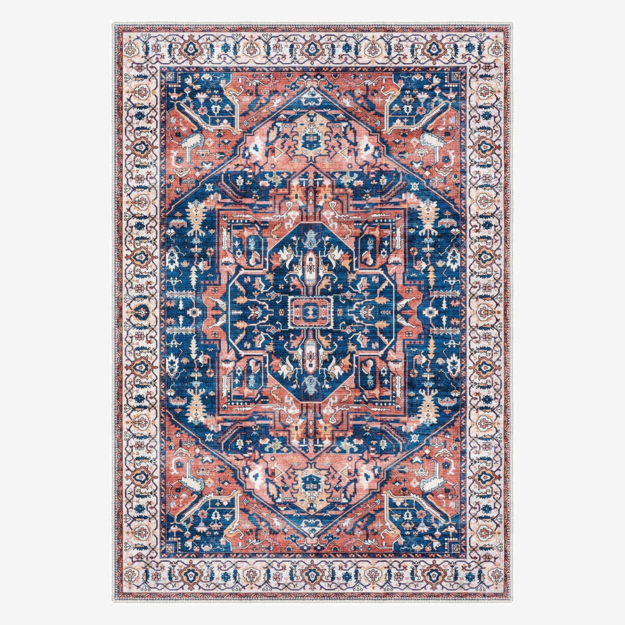 Traditional Rust And Blue Machine Washable Cotton Area Rug - The Rug Decor