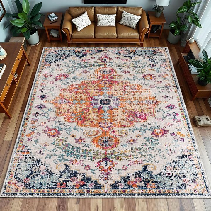 Traditional Rust And Blue Machine Washable Cotton Area Rug - The Rug Decor