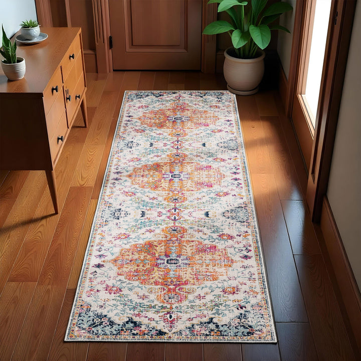 Traditional Rust And Blue Machine Washable Cotton Area Rug - The Rug Decor