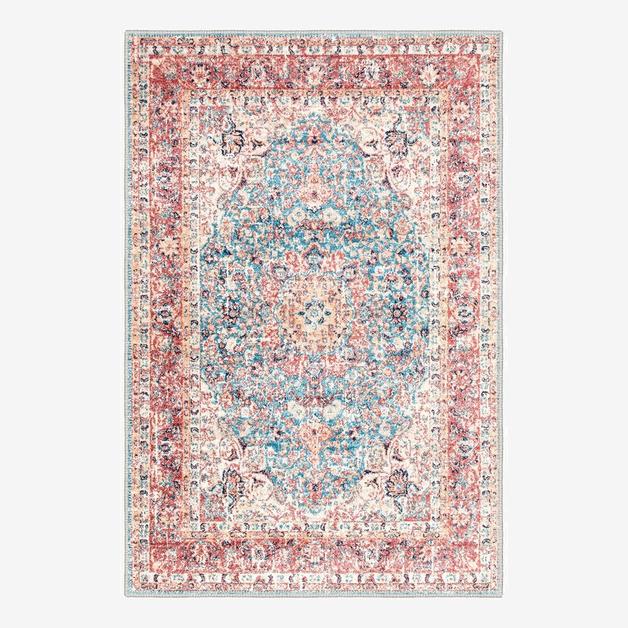 Traditional Rust And Blue Machine Washable Cotton Rug - The Rug Decor