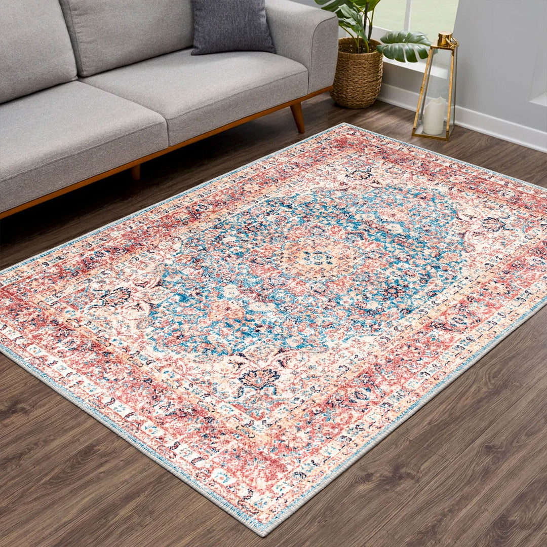 Traditional Rust And Blue Machine Washable Cotton Rug - The Rug Decor