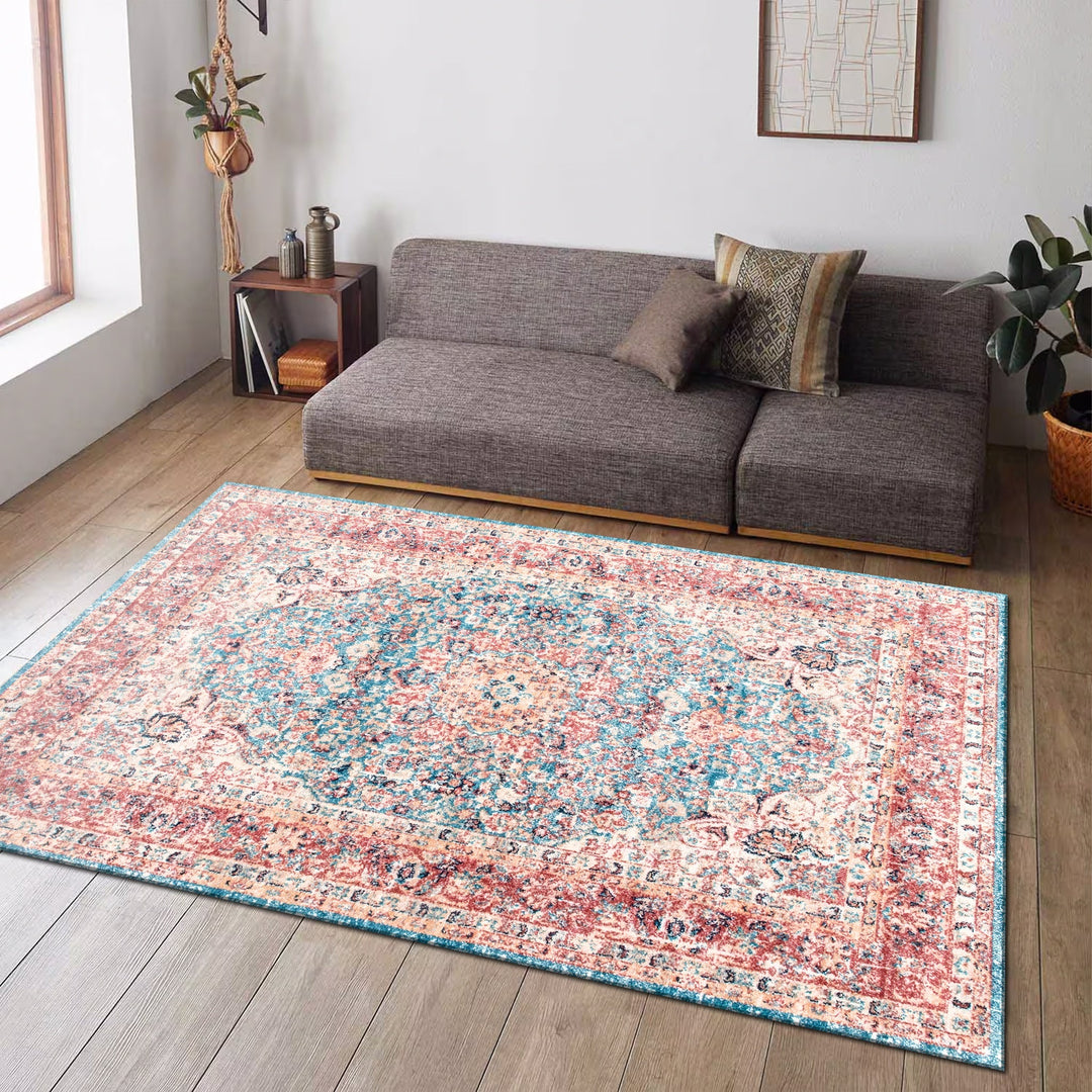 Traditional Rust And Blue Machine Washable Cotton Rug - The Rug Decor