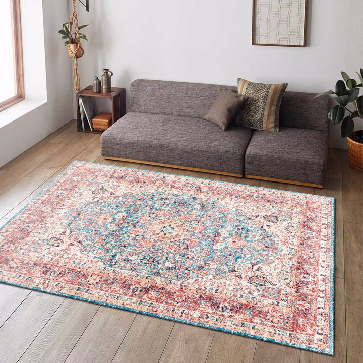 Traditional Rust And Blue Machine Washable Cotton Rug - The Rug Decor