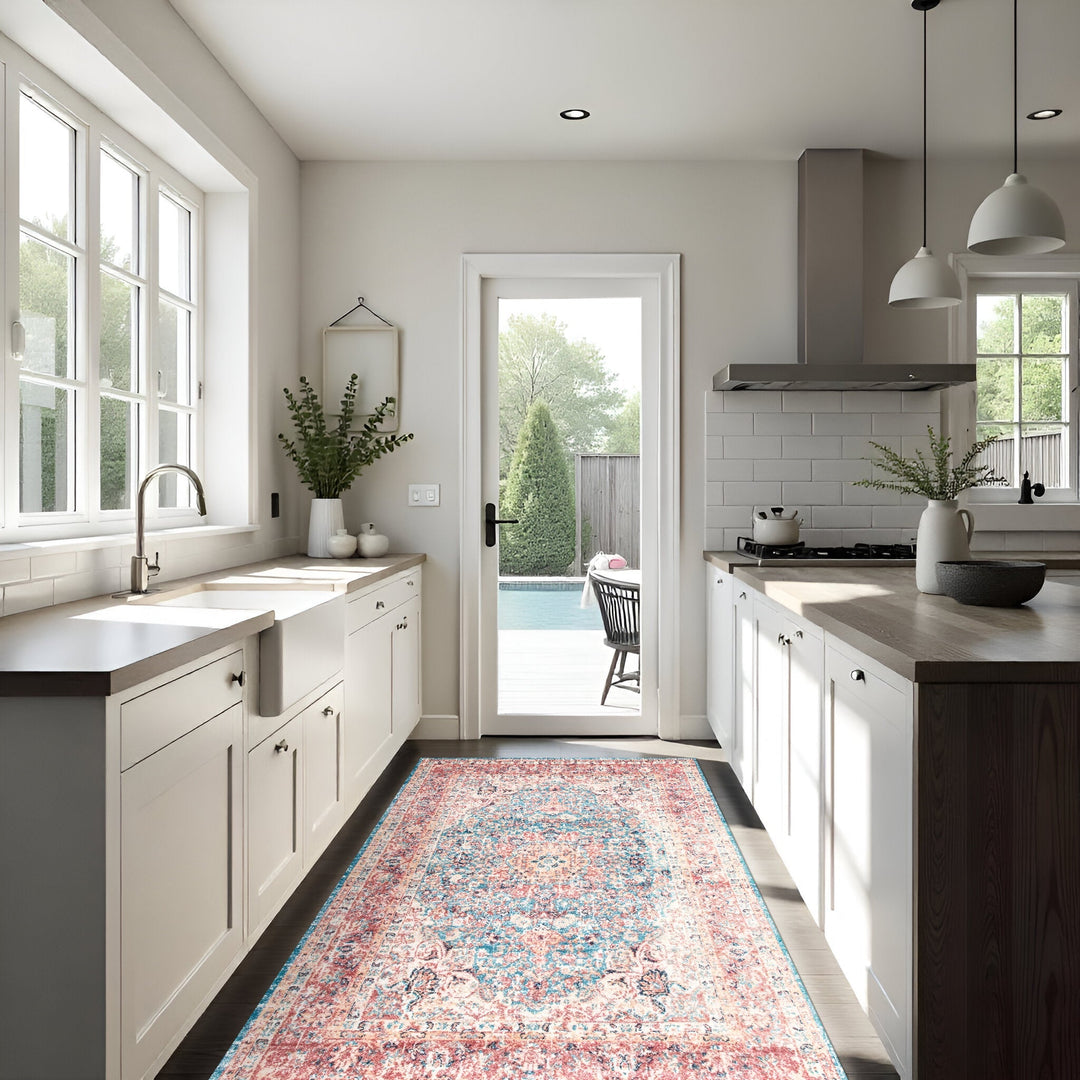 Traditional Rust And Blue Machine Washable Cotton Rug - The Rug Decor