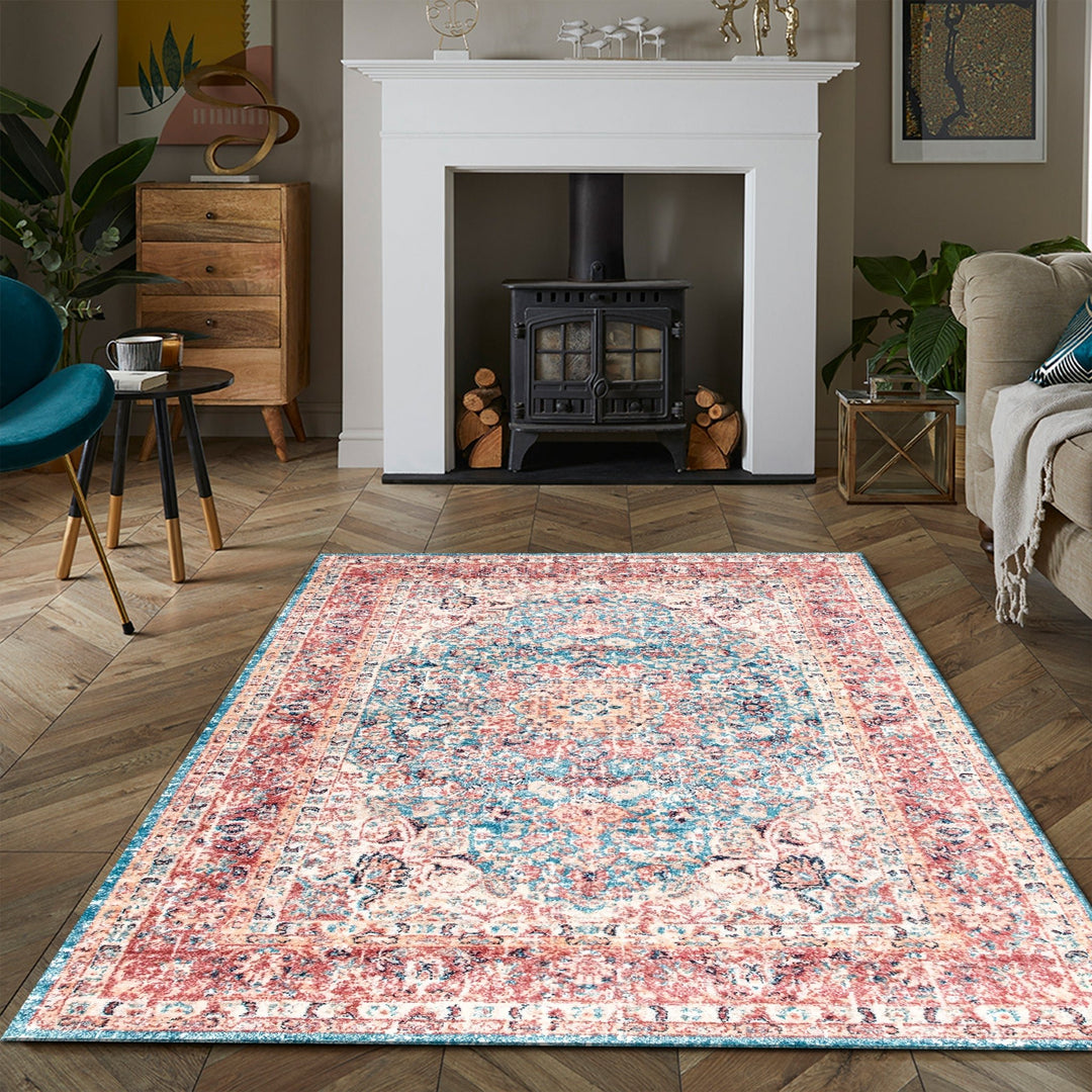 Traditional Rust And Blue Machine Washable Cotton Rug - The Rug Decor
