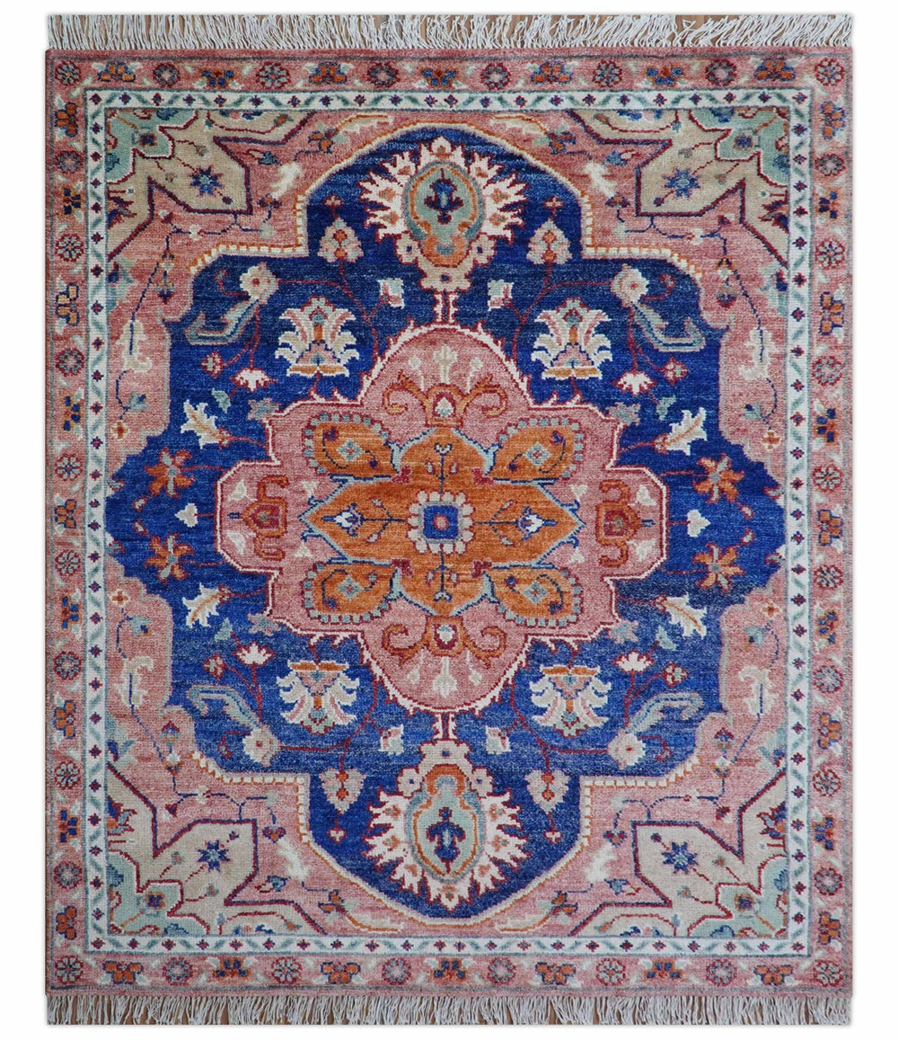 Traditional Serapi Design Blue And Pink Hand Knotted Wool Area Rug - The Rug Decor