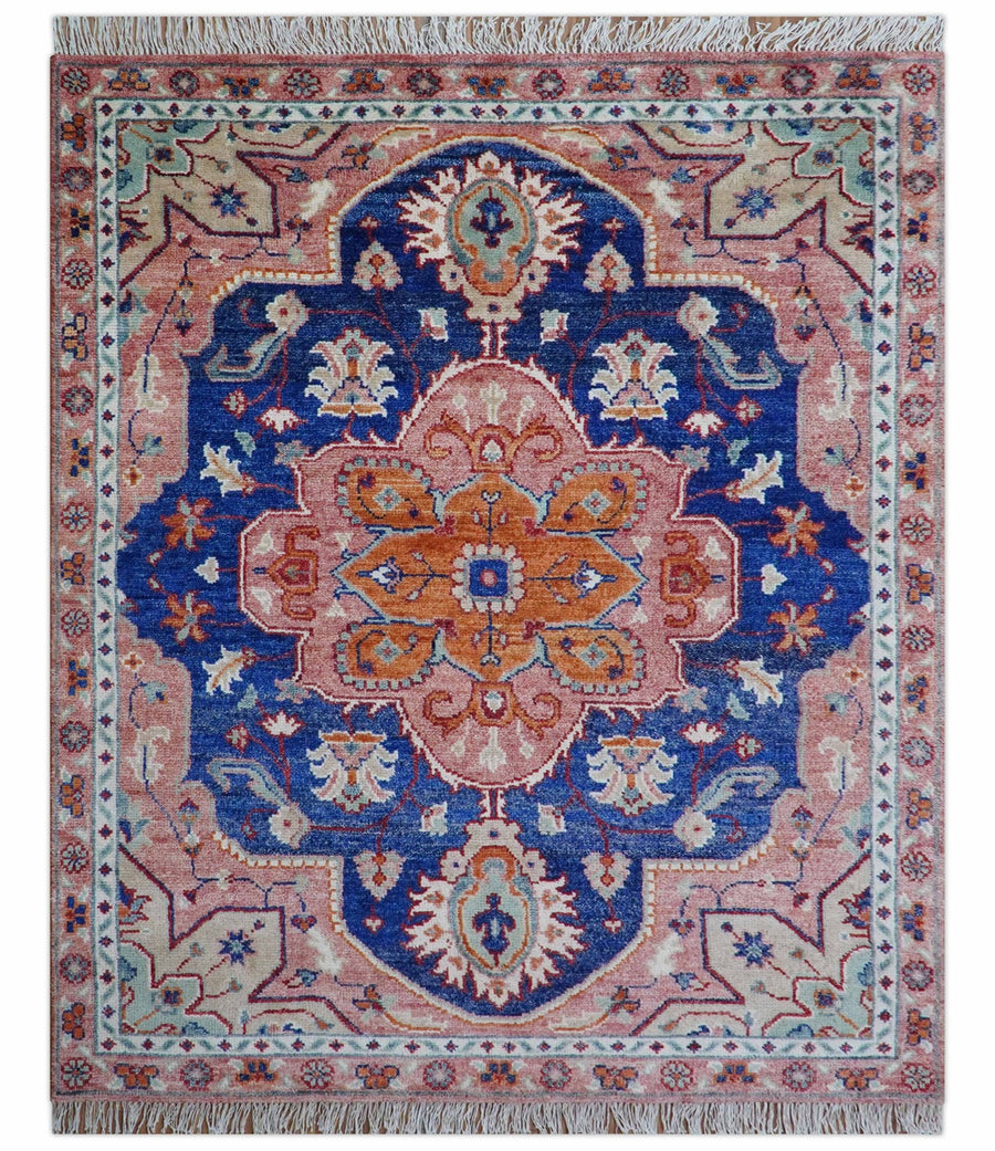 Traditional Serapi Design Blue And Pink Hand Knotted Wool Area Rug - The Rug Decor