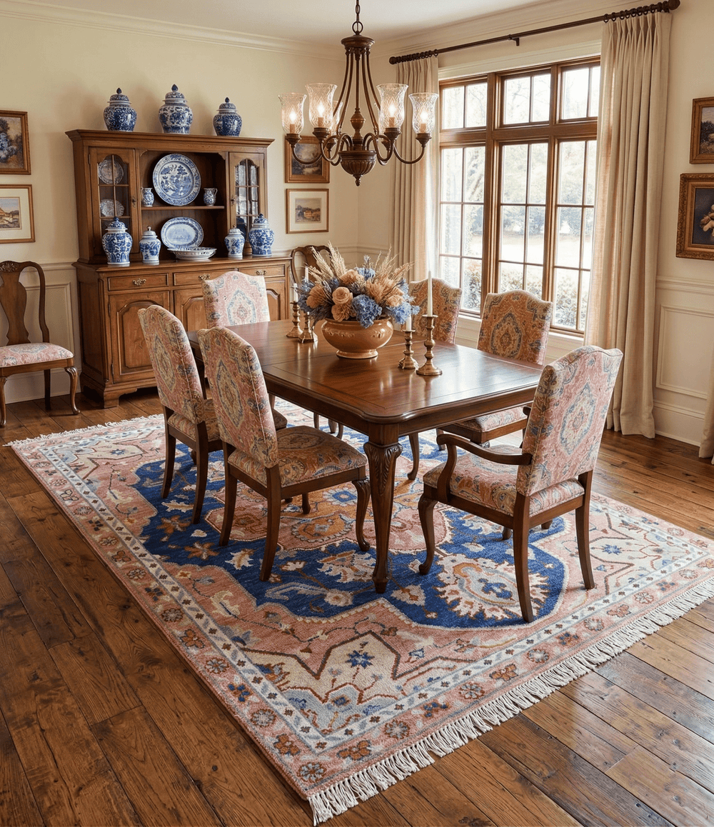 Traditional Serapi Design Blue And Pink Hand Knotted Wool Area Rug - The Rug Decor