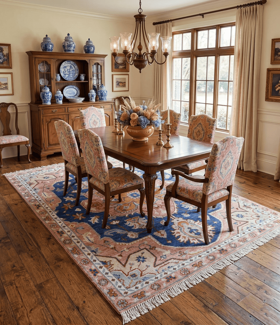 Traditional Serapi Design Blue And Pink Hand Knotted Wool Area Rug - The Rug Decor