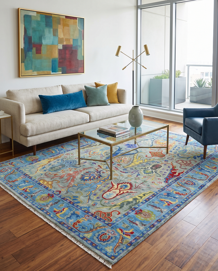 Traditional Silver and Blue Antique Style Colorful Hand knotted wool Area Rug - The Rug Decor