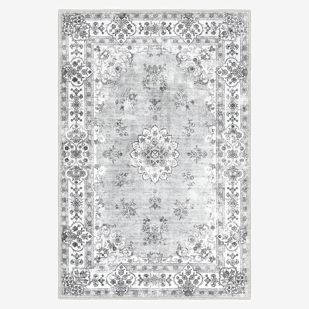 Traditional Silver And White Machine Washable Cotton Area Rug - The Rug Decor