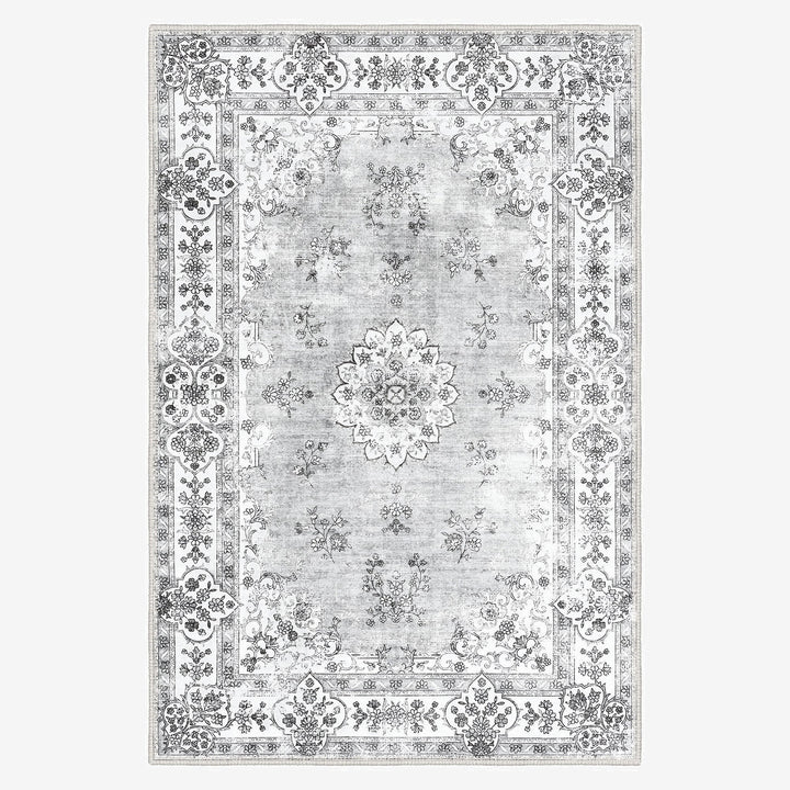 Traditional Silver And White Machine Washable Cotton Area Rug - The Rug Decor