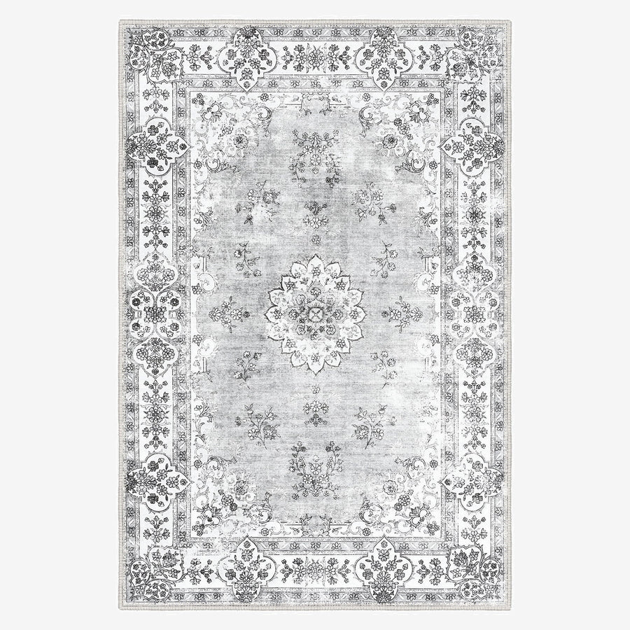 Traditional Silver And White Machine Washable Cotton Area Rug - The Rug Decor