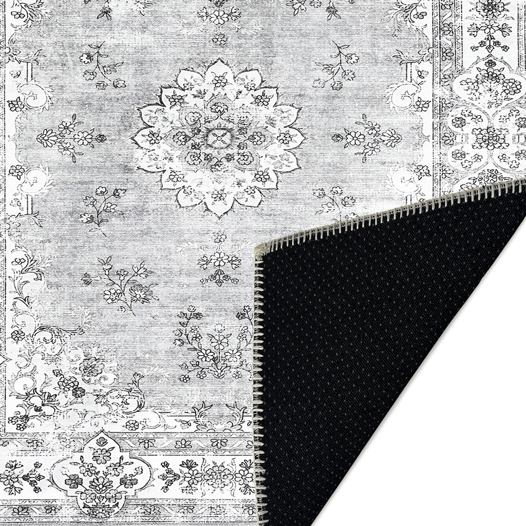 Traditional Silver And White Machine Washable Cotton Area Rug - The Rug Decor