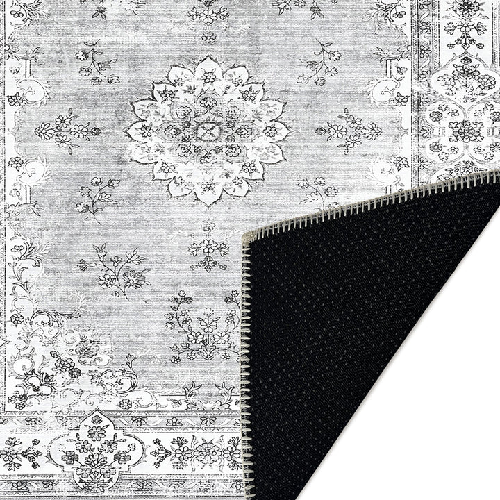 Traditional Silver And White Machine Washable Cotton Area Rug - The Rug Decor