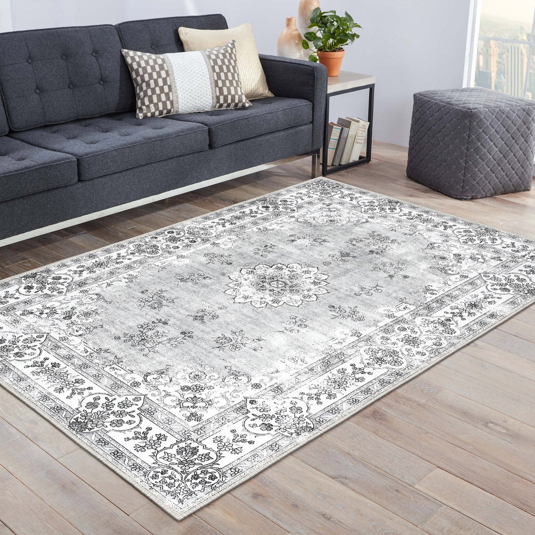 Traditional Silver And White Machine Washable Cotton Area Rug - The Rug Decor