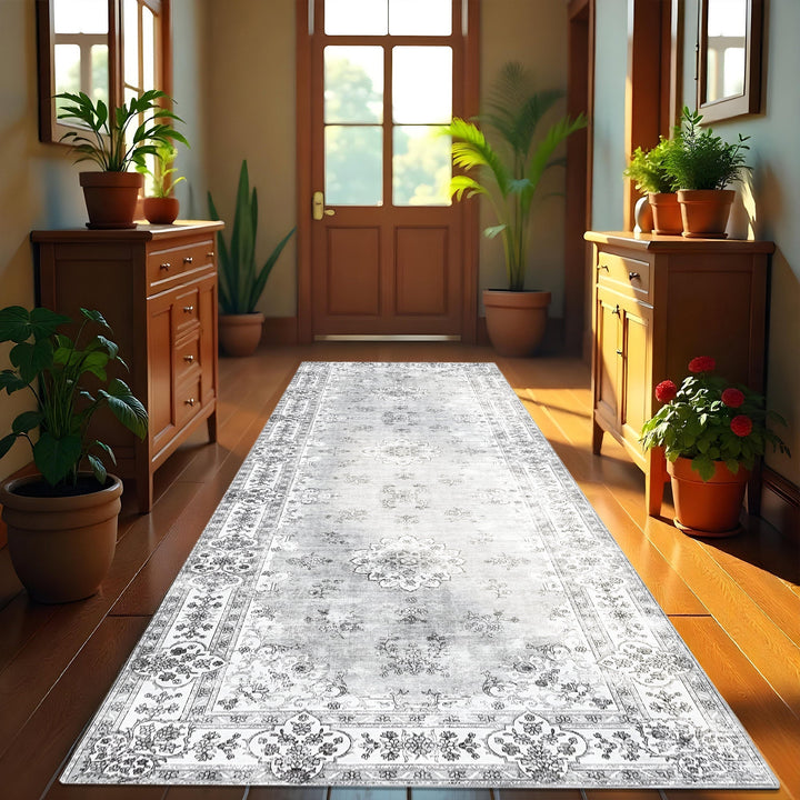 Traditional Silver And White Machine Washable Cotton Area Rug - The Rug Decor