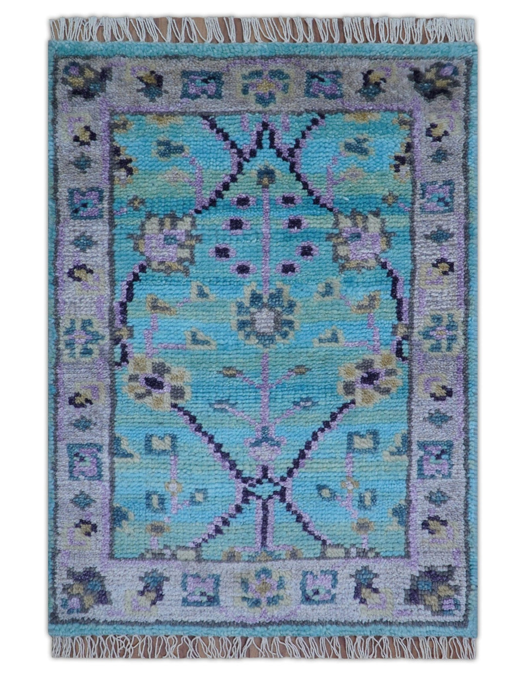 Traditional Style 2x3 Blue And Purple Hand Knotted Wool Rug - The Rug Decor
