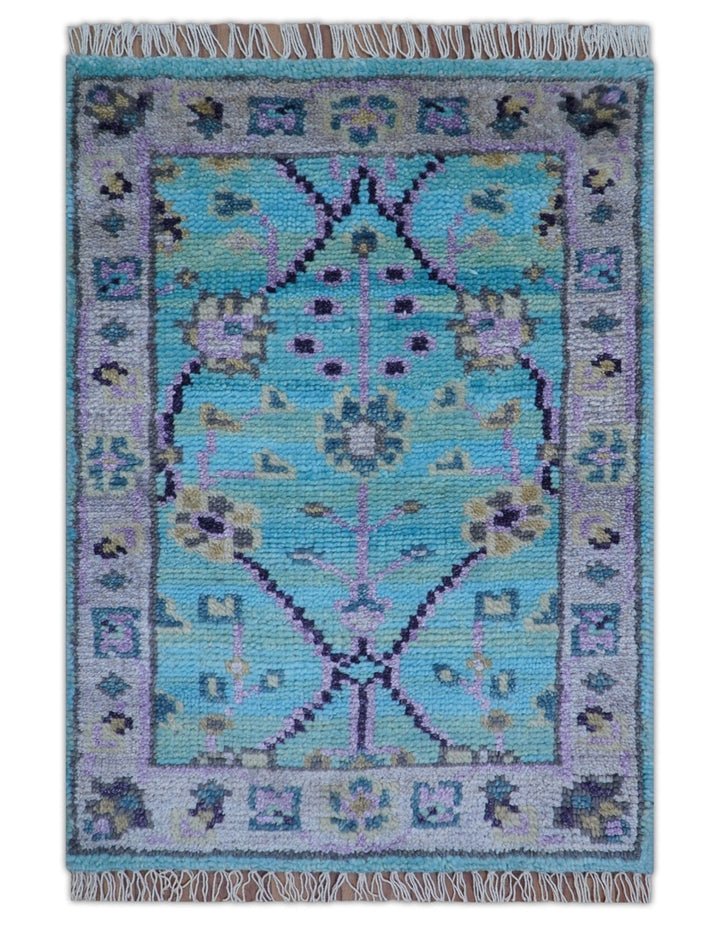 Traditional Style 2x3 Blue And Purple Hand Knotted Wool Rug - The Rug Decor