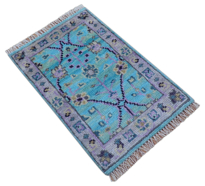 Traditional Style 2x3 Blue And Purple Hand Knotted Wool Rug - The Rug Decor