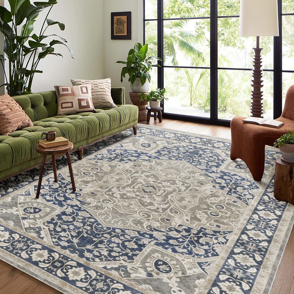 Traditional Style Blue Machine Washable Cotton Area Rug - The Rug Decor
