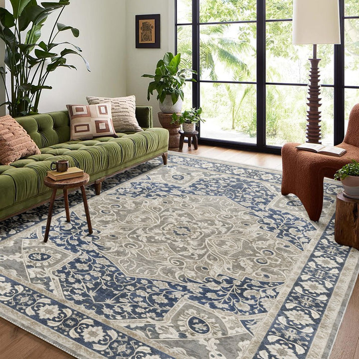 Traditional Style Blue Machine Washable Cotton Area Rug - The Rug Decor