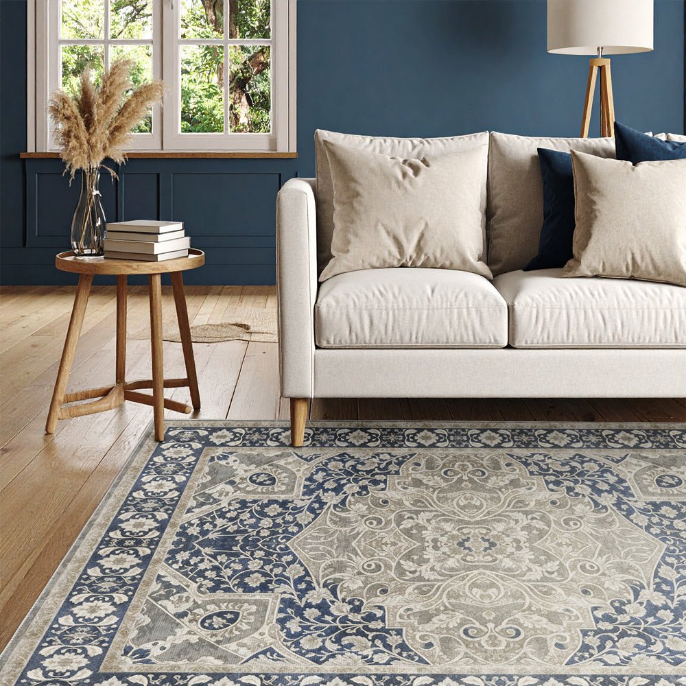 Traditional Style Blue Machine Washable Cotton Area Rug - The Rug Decor