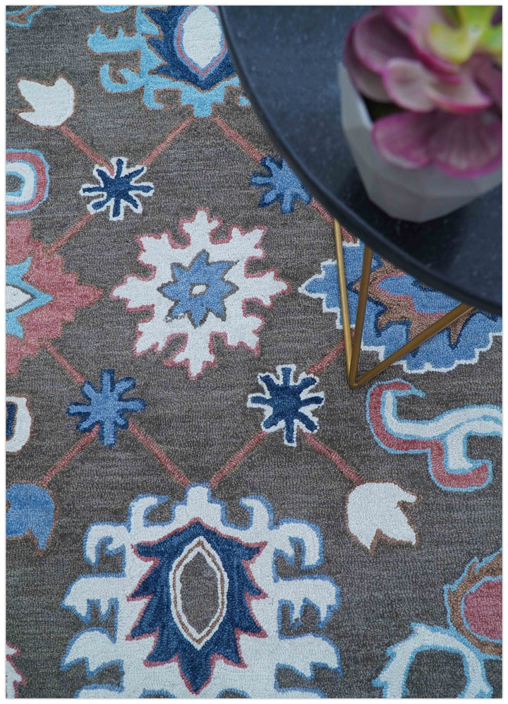 Traditional Style Gray And Blue Hand Tufted Wool Rug - The Rug Decor