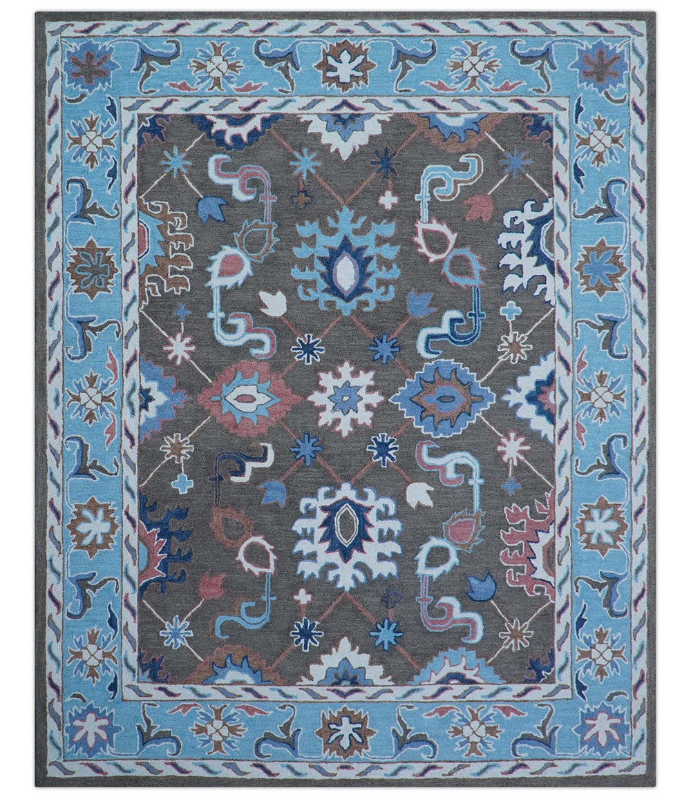 Traditional Style Gray And Blue Hand Tufted Wool Rug - The Rug Decor