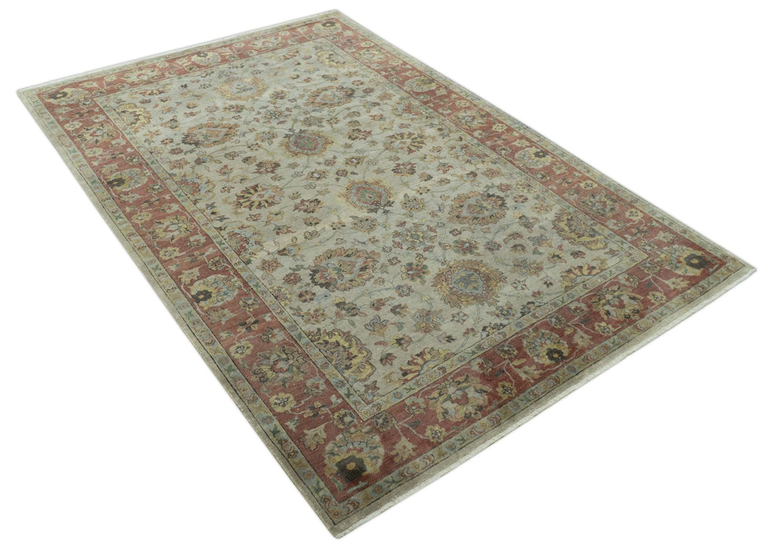 Traditional Turkish Design Beige and Rust 6x8.6 Hand Knotted Wool Area Rug - The Rug Decor