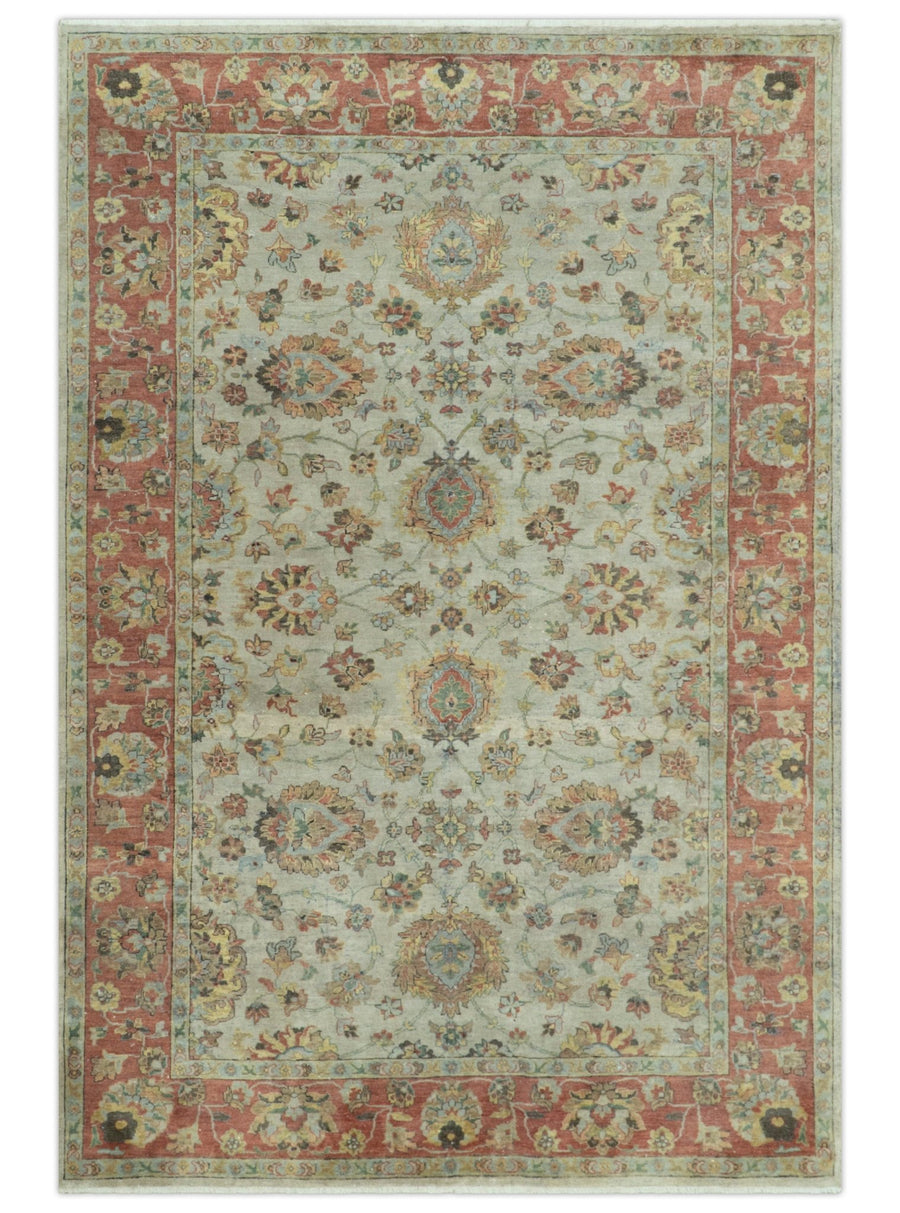 Traditional Turkish Design Beige and Rust 6x8.6 Hand Knotted Wool Area Rug - The Rug Decor