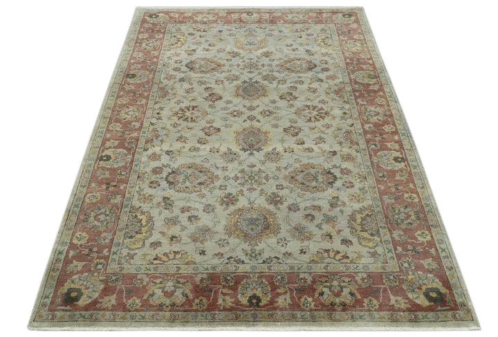 Traditional Turkish Design Beige and Rust 6x8.6 Hand Knotted Wool Area Rug - The Rug Decor