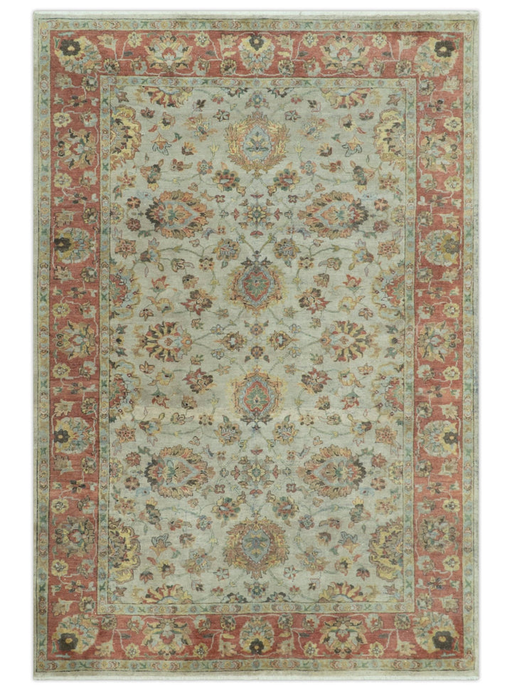 Traditional Turkish Design Beige and Rust 6x8.6 Hand Knotted Wool Area Rug - The Rug Decor