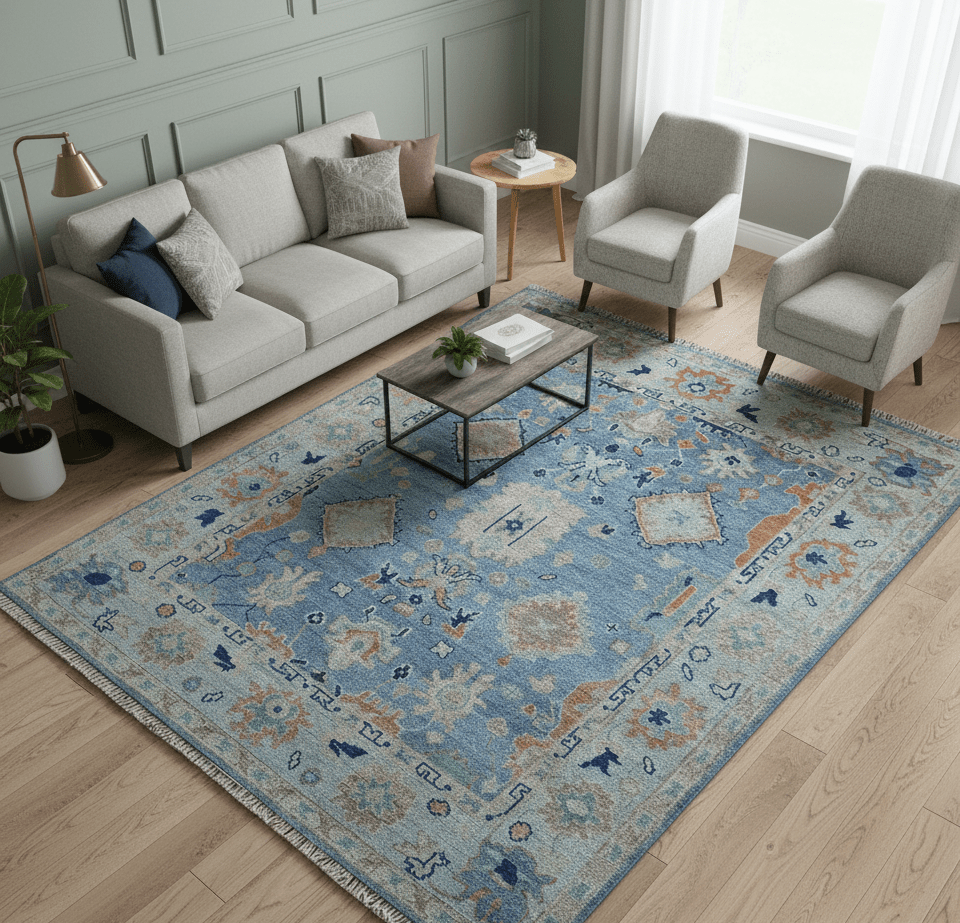 Traditional Turkish Design Blue And Beige 8x10 Hand knotted Wool Area Rug - The Rug Decor