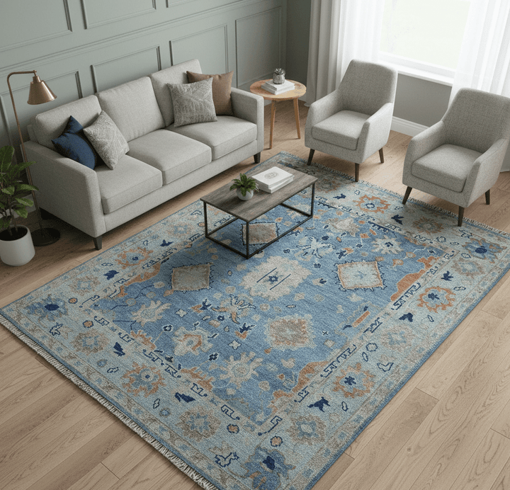 Traditional Turkish Design Blue And Beige 8x10 Hand knotted Wool Area Rug - The Rug Decor