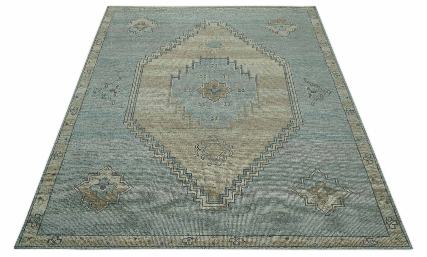 Traditional Turkish Design Blue and Beige Hand Knotted Custom Made wool rug - The Rug Decor