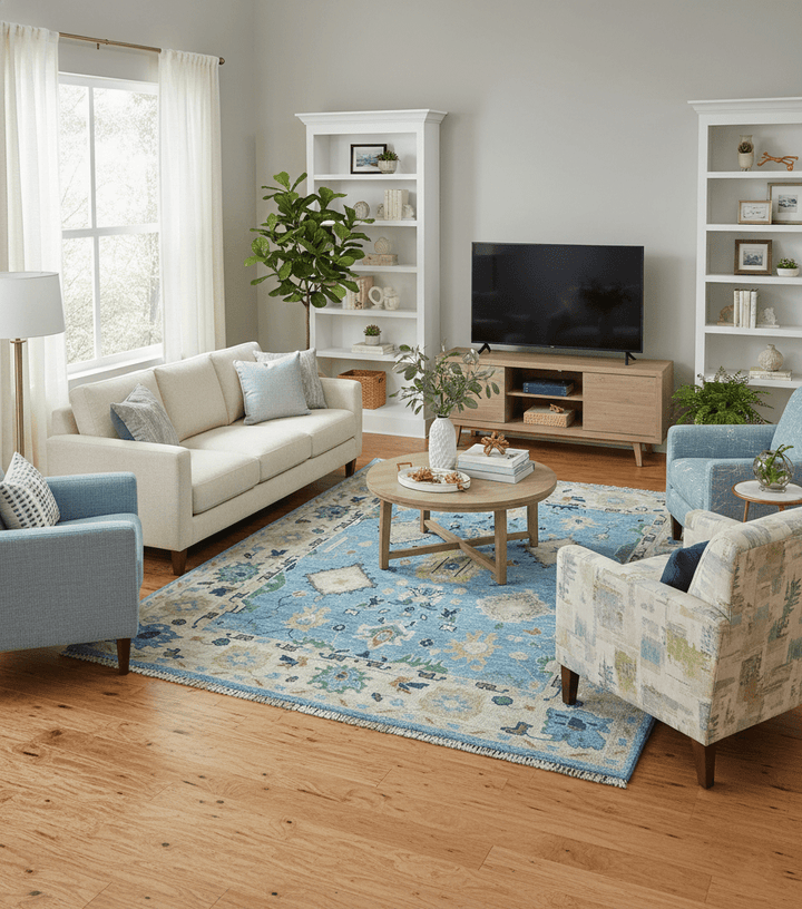 Traditional Turkish Design Blue And Ivory 8x10 Hand knotted Wool Rug - The Rug Decor