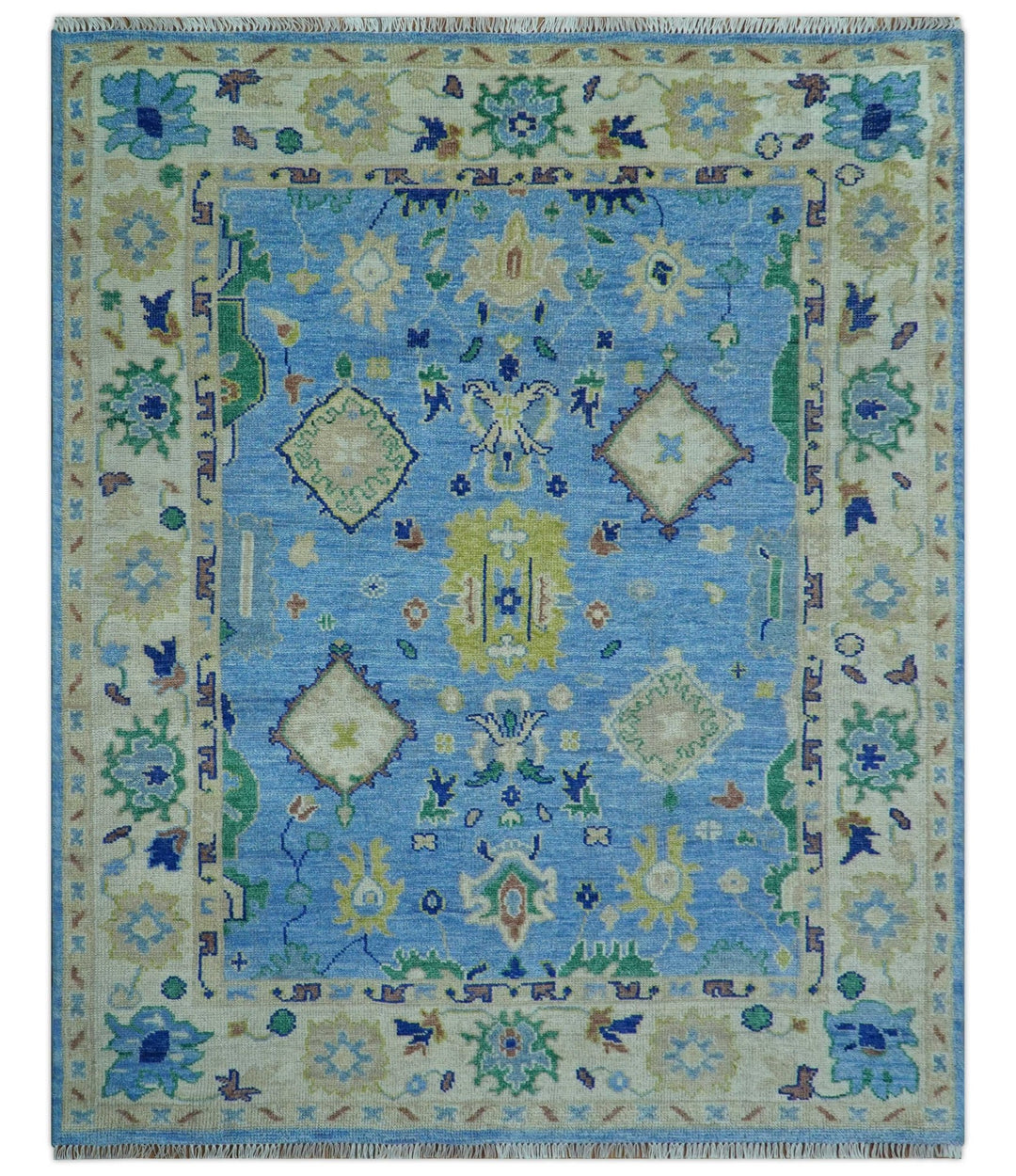 Traditional Turkish Design Blue And Ivory 8x10 Hand knotted Wool Rug - The Rug Decor