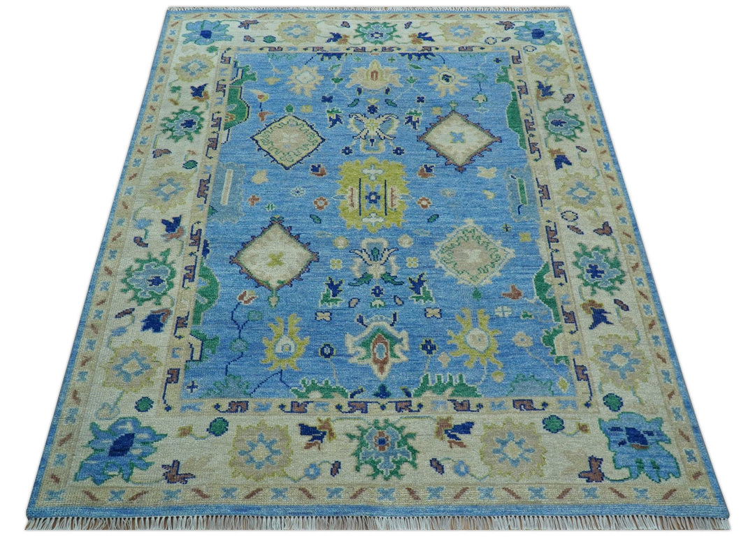Traditional Turkish Design Blue And Ivory 8x10 Hand knotted Wool Rug - The Rug Decor