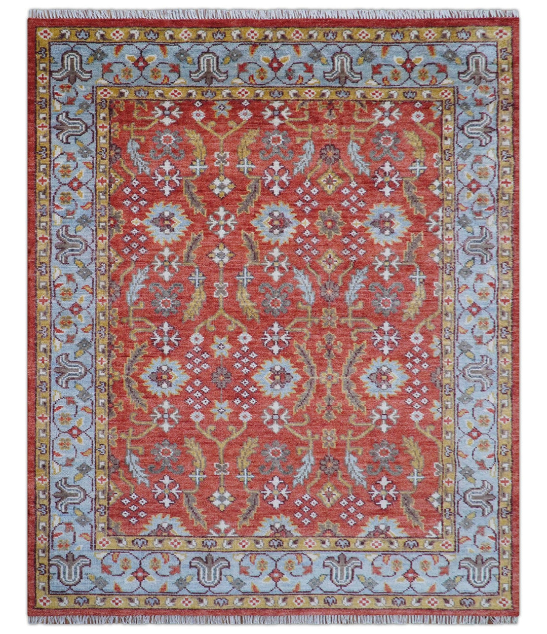 Traditional Turkish Design Rust And Blue Hand Knotted Wool Rug - The Rug Decor