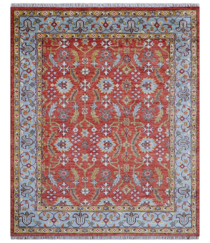 Traditional Turkish Design Rust And Blue Hand Knotted Wool Rug - The Rug Decor